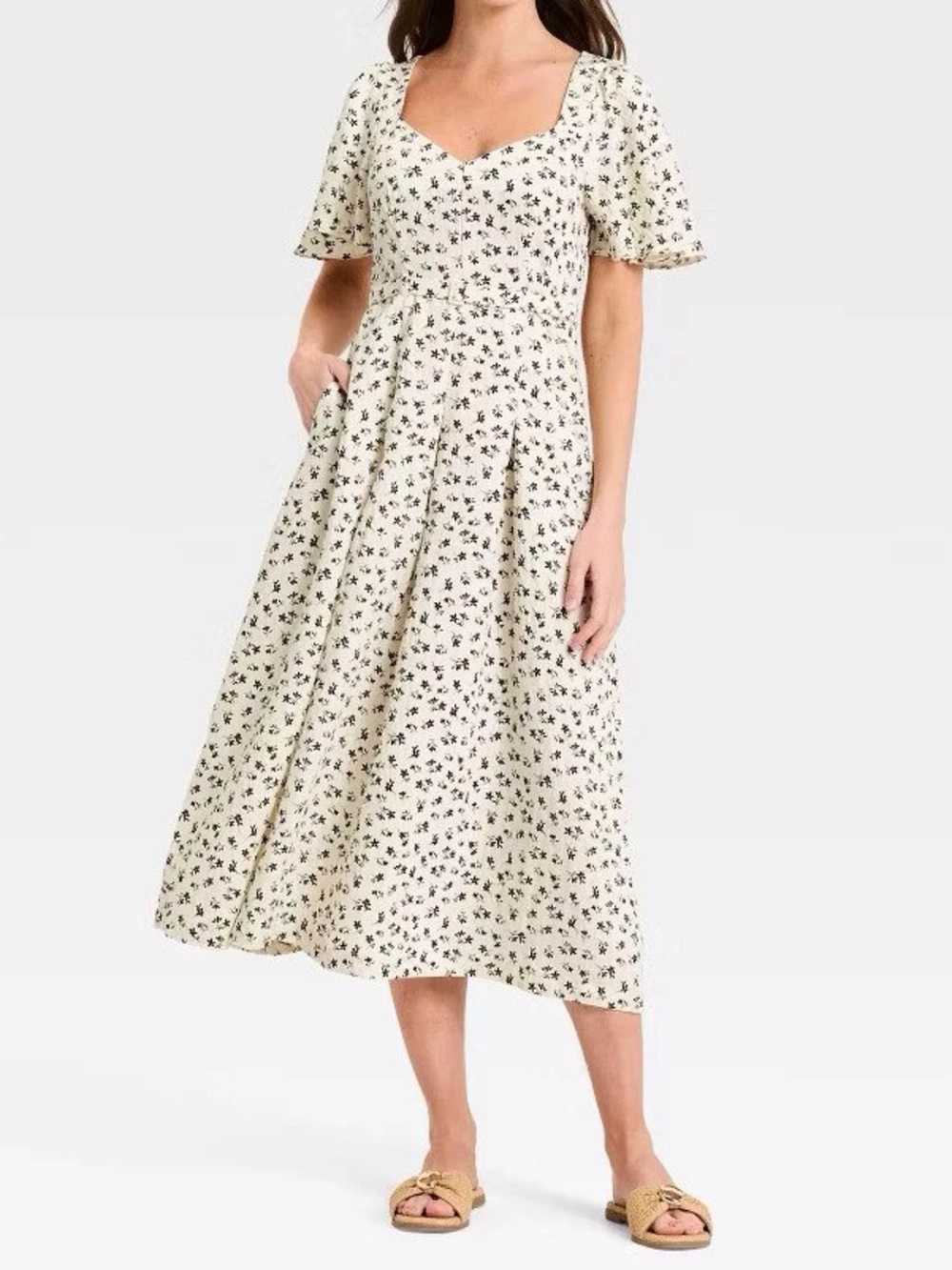 Sweet Floral Square-Neck Midi Dress in Cream - Picture 1 of 1